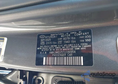 2026 Hyundai Elantra Hybrid Blue z USA, uszkodzony, nr VIN KMHLM4DJ5TU184954